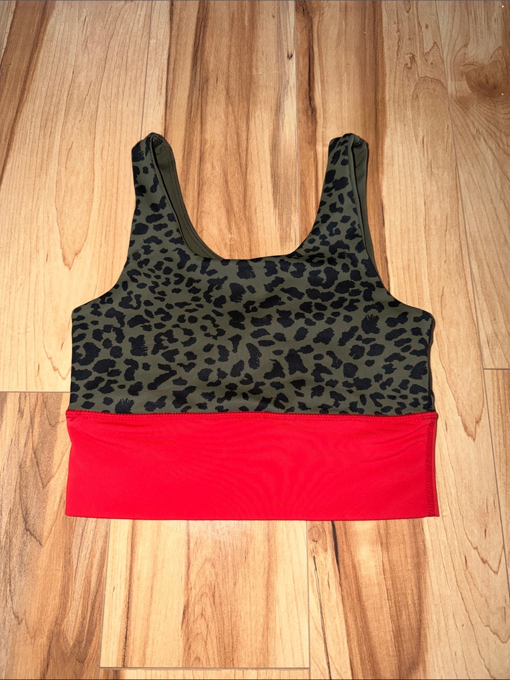 DYI XS Olive Leopard Print Crop Top with Orange Band